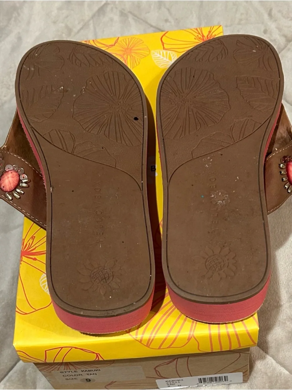 Yellow Box Brown Sandals with Coral and Turquoise Beading - Picture 6 of 7